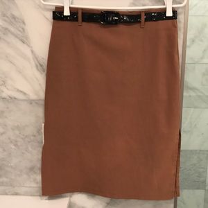 Tan Stretch Pencil Skirt With Slits